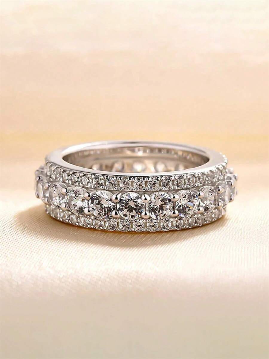 1 pieza Anillo cuadrado de moda con circonita cúbica, adecuado para boda, regalo de aniversario - Plateado - Ver 1