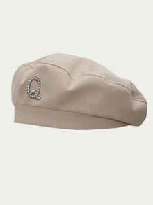 1顶珍珠A-Z字母儿童女童人字纹平顶贝雷帽，弹性帽带，可爱配饰，时尚儿童帽，日常休闲帽 - 米色 - 查看 5