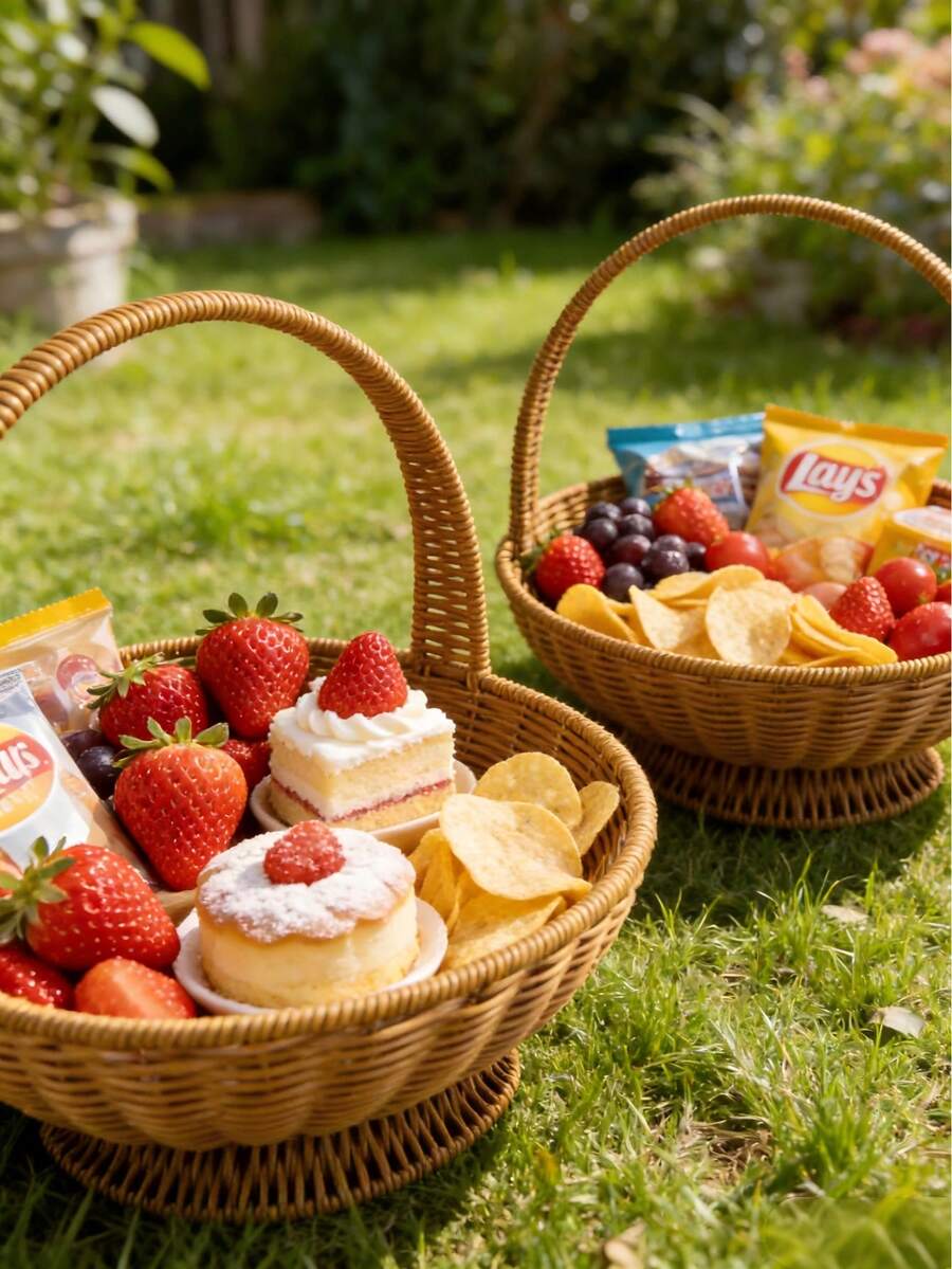 2pcs Handwoven Willow Picnic Basket With Handle, Lined Interior Suitable For Daily Storage, Multipurpose Basket Great For Kitchen, Outdoor Activities, Visits, Gifts And Decoration, Sturdy And Space-Saving - Basket - View 1