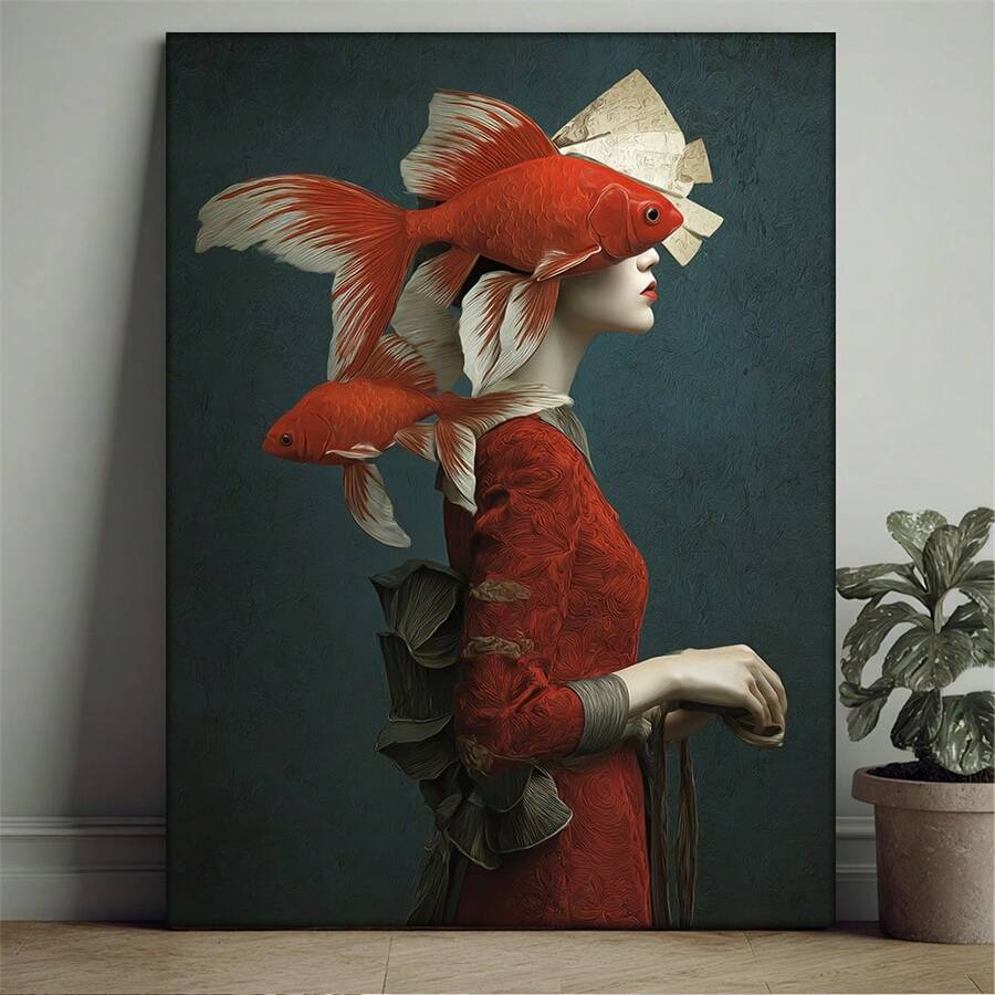 1张高品质漫画风格超现实女性超现实鱼艺术画，超现实艺术海报，艺术设计，可直接悬挂，2D平面