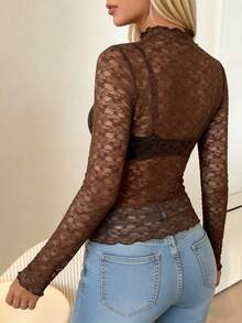 Women's Sexy Sheer Lace Textured Thin Breathable Fitted Base Layer Top - Brown - View 4