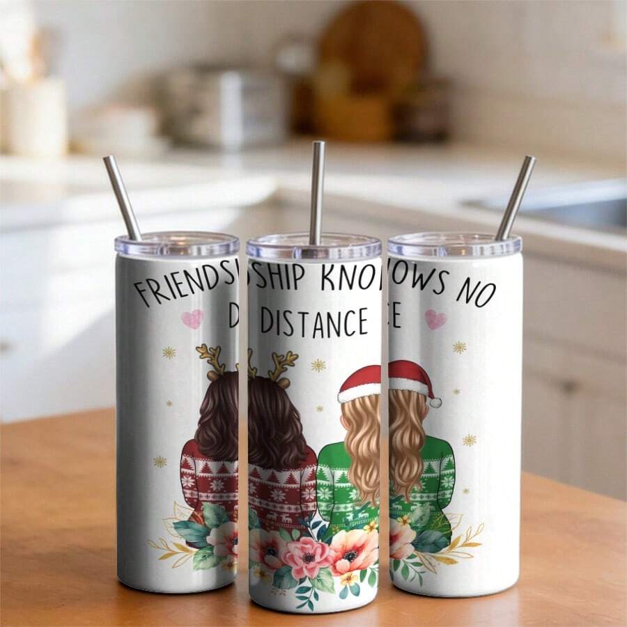 1 Pc 20oz Tumbler Cup Two Girls In Festive Sweaters With Reindeer Antlers And Santa Hat, Surrounded By Snowflakes And Flowers. Perfect For Friends Separated By Distance, Ideal Gift For Christmas. Daily Gift - 1 pc - 查看 1