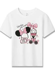 Disney Minnie Mouse Cupcake And Sunglasses Printed Pattern T-Shirts For Girls - Children's Clothing Design Short-Sleeved Casual And Cute Style Comfortable And Casual Wear All Year Round Suitable For Parties And Play Machine Washable Gift Children's Clothing Girls' Short-Sleeved Shirts - trắng - Xem 2