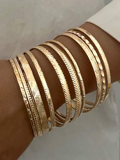 10pcs Fashionable Minimalist Elegant Vintage Design Geometric Floral Embossed Texture Metal Bangle Bracelet Set, Suitable For Holiday, Party, Date, Gift, Daily Wear