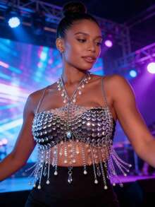 Tassel & Rhinestone Chest Chain, Designed For Women, Music Festival & Club Top, Essential Item - Transparent White - View 1