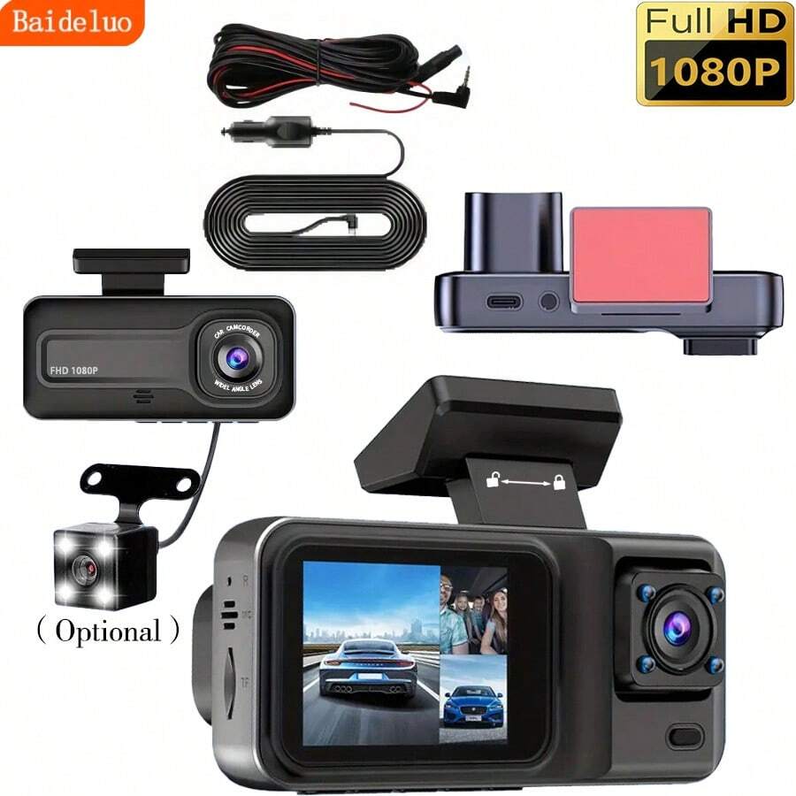 1080P 3-Channel Dash Cam - Front/Interior/Rear (Optional) Recording, With Infrared Night Vision, Loop Recording, Wide Angle DVR, 2.0" IPS Screen, Car Video Recorder, 150mAh Lithium Battery, Multi-Functional Car Accessory