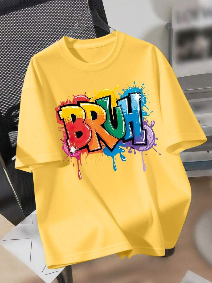 Teenage Boys' BRUH Print Round Neck T-Shirt, Casual Soft Top For Summer - Yellow - View 1