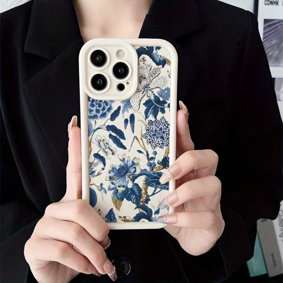 White Bamboo & Blue Floral Pattern Phone Case - Antique White - View 1