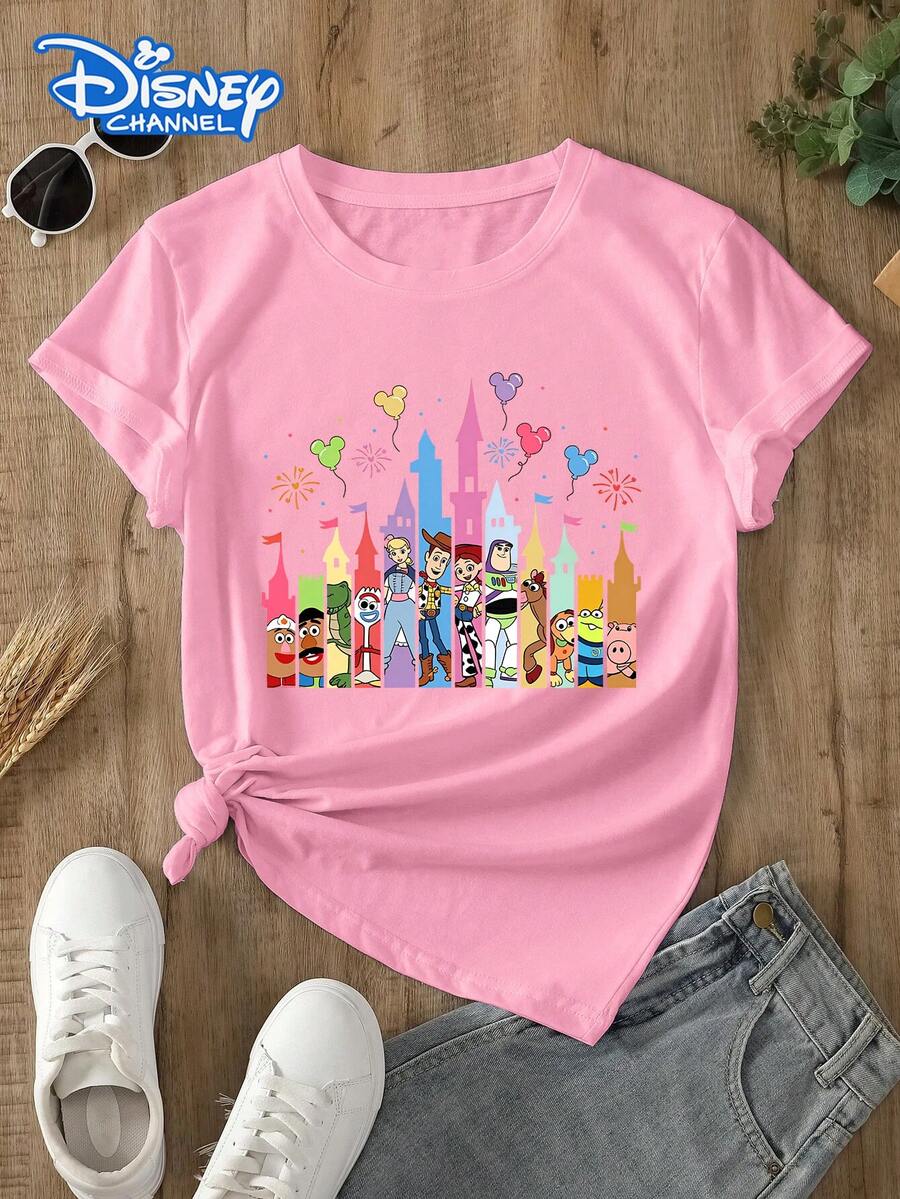 Disney Lady's T-Shirt, Featuring The Cartoon Pattern Of Toy Story, A Summer-Style Ladies Round-Neck T-Shirt, With Soft, Comfortable And Breathable Fabric, Suitable For Daily Wear, Going Shopping, Traveling, Parties, At Home, And Also Suitable As A Beautiful Gift. Every Lady Can Deserve To Own One. - Pink - View 1