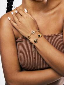 2pcs Fashionable Classic Leopard Print & Clover Charm Bracelets Set - Leopard - View 2