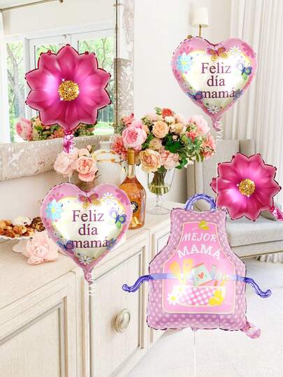5pcs Spanish Happy Mother's Day Balloon Set, Including Mother's Day Apron, Rose Diamond, Flower Bed, Heart Flower Foil Balloons, Suitable For Mother's Day Decoration, Indoor/Outdoor Decor, Photo Props, Gift For Mom, Best Mom, Mom Party Birthday Decorations