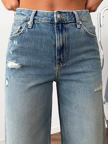 Women's Long Denim Jeans With Ripped Details And Functional Pockets Non-Stretch - Blue - View 5