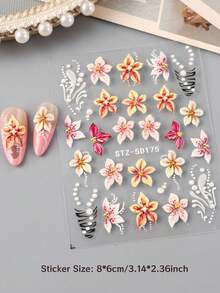 2片装5D立体盛开芙蓉花春季美甲贴纸，果冻压制花瓣，法式线条珠子美甲贴花，软雕婚礼美甲用品，DIY节日美甲装饰 - 彩色 - 查看 9