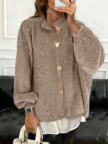 جاكيت كارديجان محبوكة للنساء في فصلي الربيع والصيف، سميكة القماش باللون الأبيض والأسود والوردي والبني، وفي فصلي الخريف والشتاء، طراز كوري رجعي، أنيقة وعملية للارتداء اليومي والعمل - كاكي - مشاهدة 1