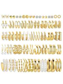 Set aleatorio de 12 piezas/24 piezas/48 piezas de pendientes de aro y pendientes de perlas falsas con diseño geométrico irregular y simple de metal, adecuado para mujeres, parejas, vacaciones, citas, uso diario, fiestas, bodas, regalo del Día de San Valentín para novia, mamá - Amarillo Oro - Ver 3