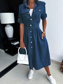 Vestido vaquero de manga corta con cuello de solapa, diseño de solapa única con bolsillo volteado, versión delgada y elástica, adecuado para el atuendo vaquero diario de mujeres - Azul lavado oscuro - Ver 4