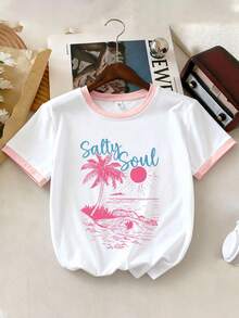 2pcs Girls' Colorful Summer Beach Print T-Shirt And Shorts Set, Soft & Comfortable Fabric, Spring/Summer - Multicolor - View 3