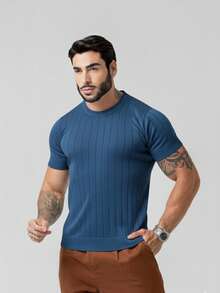 Men's Textured Lightweight Knit T-Shirt, High Quality Premium Spring Summer 26 - Blue - View 3
