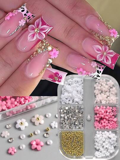 6格/盒 3D珍珠花朵春季美甲饰品配件套装 奢华美甲水钻花瓣美甲装饰 金色金属珠球美甲铆钉 混合尺寸 DIY婚礼美甲用品 美甲宝石装饰