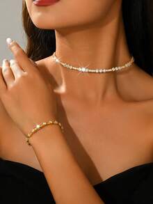 优雅女士金色水晶项链手链套装，闪耀水晶网球项链及配套手链，晚宴、鸡尾酒会等场合的奢华礼物 - 1753-HB金色 - 查看 1