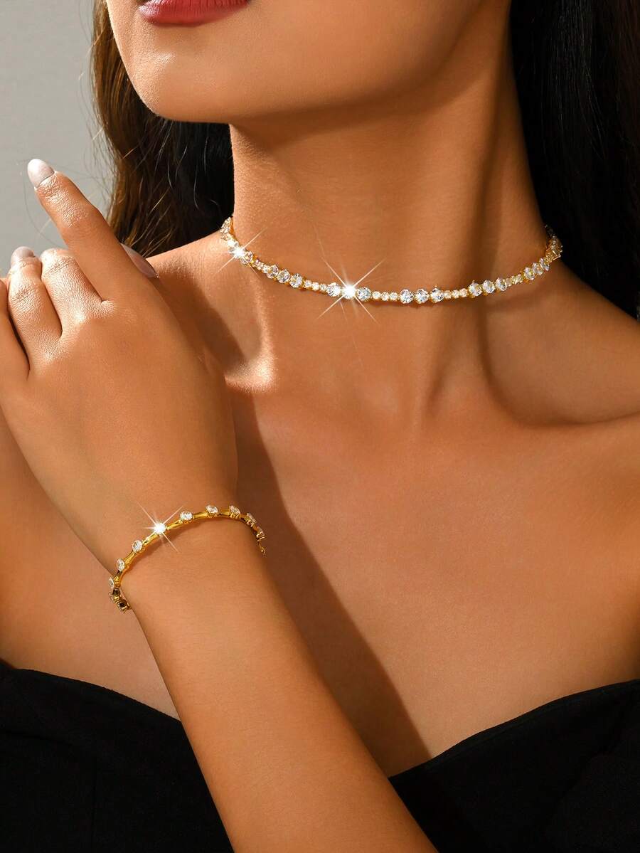 优雅女士金色水晶项链手链套装，闪耀水晶网球项链及配套手链，晚宴、鸡尾酒会等场合的奢华礼物 - 1753-HB金色 - 查看 1
