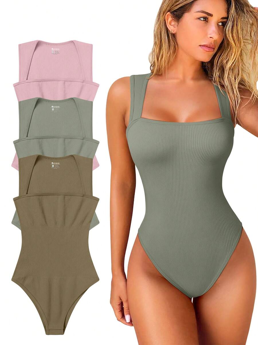 OQQ 3 Piece Bodysuits For Women Sexy Ribbed Strappy Square Neck Stretch Tank Tops Bodysuits - 皮粉,淺灰綠,灰褐色 - 查看 1