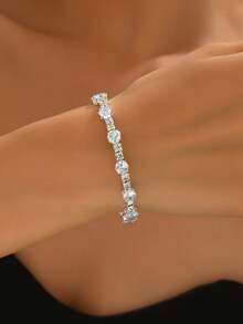 1pc Women's Elegant Fashion Shiny Rhinestone Round Open Cuff Bracelet, Suitable For Daily Wear - Silver - View 2