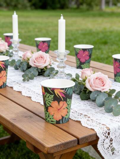 9oz Plant Pattern Disposable Paper Cups - Orchid & Green Leaf Party Cups For 10/25 Guests | Birthday Picnic Camping Bridal Shower Gifts