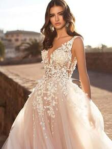 Women's Sexy Lace Dress Sleeveless Deep V-Neck Wedding Embroidery, Long Dress - White - View 2