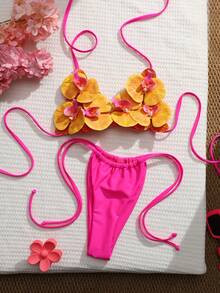 Bộ bikini tam giác 3D họa tiết hoa gợi cảm, kiểu dáng châu Âu và Mỹ, thích hợp cho kỳ nghỉ hè. - Màu Hồng Tươi - Xem 3