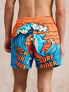 男士冲浪鲨鱼印花沙滩度假泳裤，夏季休闲沙滩短裤，夏威夷风情 - 彩色 - 查看 2