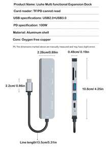 Hub tipo C 6 en 1, compatible con carga rápida PD de 100W, ranuras duales para tarjetas SD/TF, transferencia de archivos de alta eficiencia, estación de acoplamiento multifuncional portátil - Plateado - Ver 10
