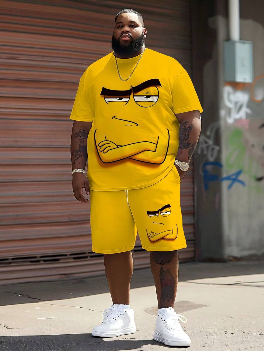 Conjunto deportivo casual de hombre con diseño de serie de dibujos animados "Expresión divertida, misantrópica y despreciativa" - Tela de punto de poliéster, diseño de cuello redondo, con pantalones cortos con cordón, detalles de bolsillo, ajuste regular, adecuado para tallas grandes - Amarillo - Ver 1