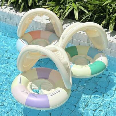 1pc Retro Tri-Color Inflatable Floating Ring With Canopy, Blue/Pink/Purple Sun Shade, PVC Material