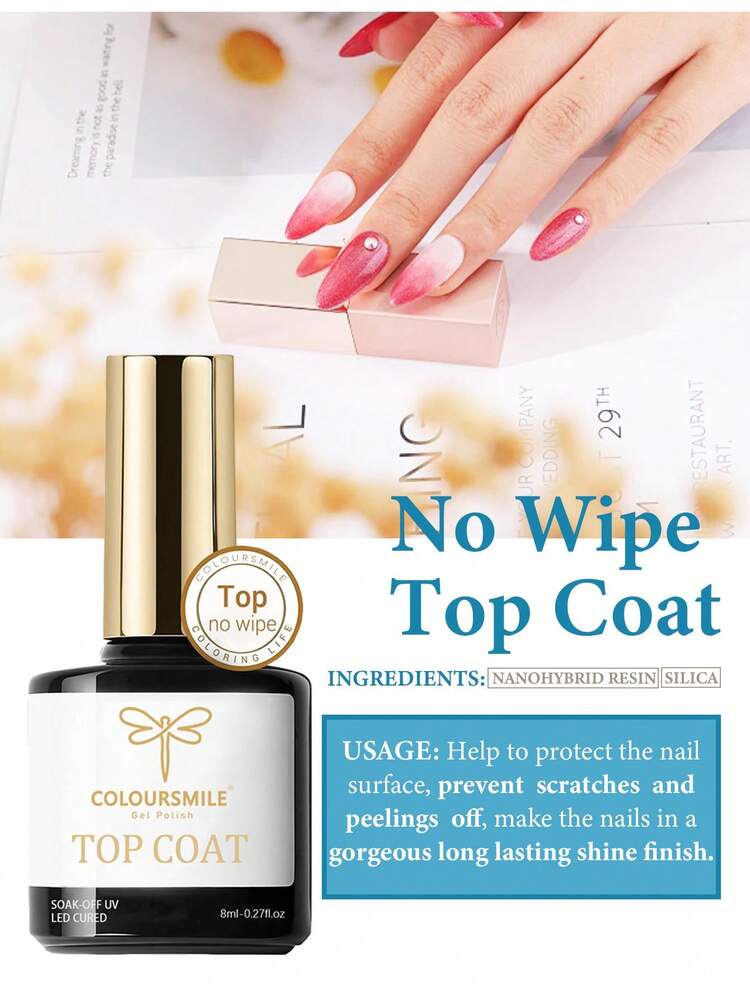 No-Wipe Gel Top Coat, High Gloss, Long-Lasting, Clear Sealant, Suitable For Acrylic Nails, Used With UV/LED Lamp, Ideal For DIY Home Manicure And Summer Nail Salon - Clear - View 2