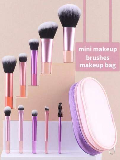 10PCS Colorful Mini Makeup Brush Set With Crystal Short Handles, Portable Travel Design – Includes Powder Brush, Contour Brush, Blush Brush, Highlighter Brush, Eyeshadow Brushes, Eyebrow Brush, Lip Brush, And Comes With A Zippered Storage Pouch