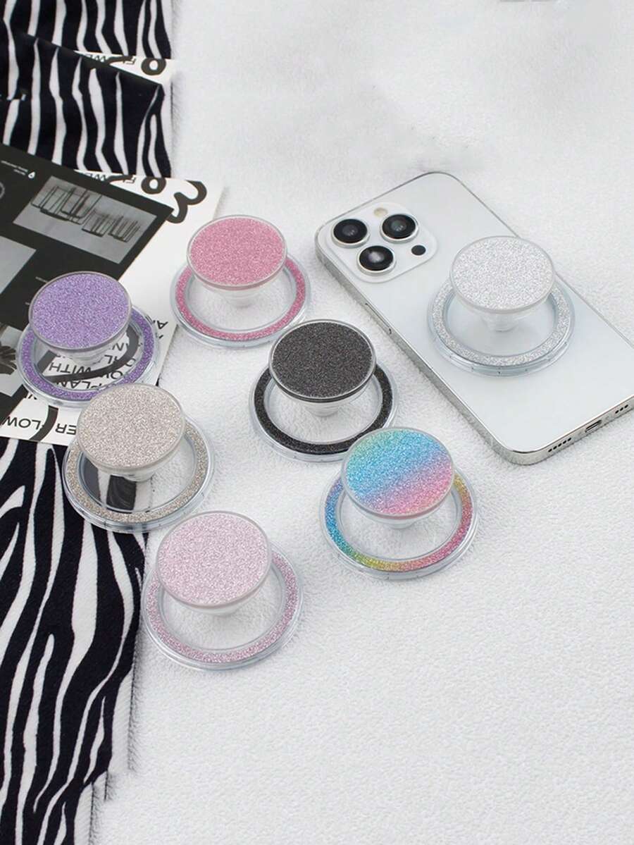 Glitter Magnetic Transparent Phone Holder, Gradient Round Retractable Foldable Slouchy Phone Stand, Air Cushion Finger Ring Grip - Multicolor - View 1