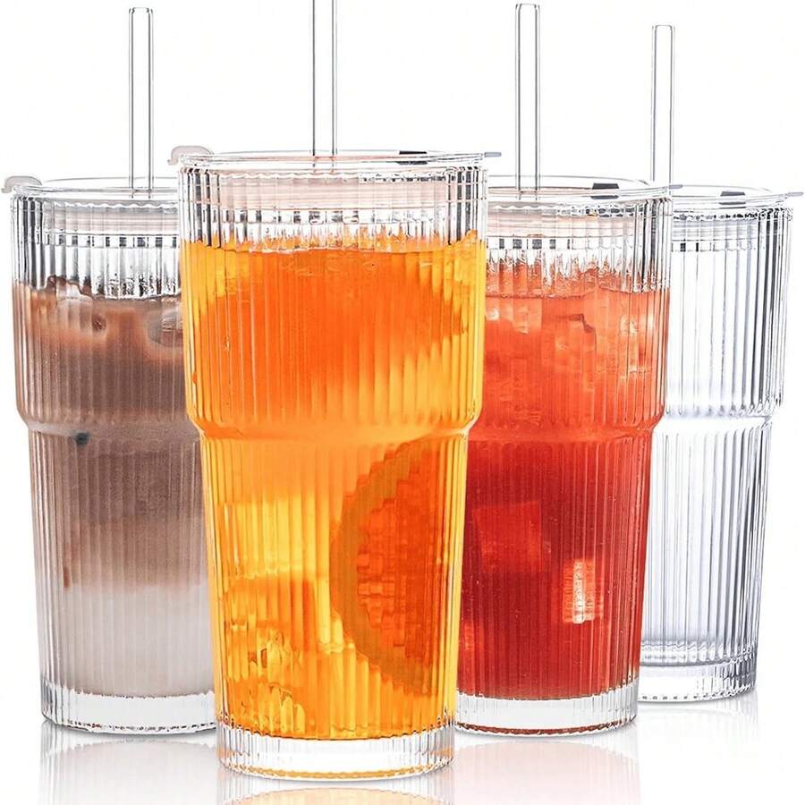 4 PCS Vintage Striped Tumblers, Tumblers With Glass Straws, 19oz Coffee Cups, Thickened High Borosilicate Material Tumblers, Perfect For Iced Coffee, Juice, Beverages, Home, And Parties. - 4件 - 查看 1