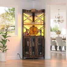 Muebles de cocina, vinoteca con luces LED, barra de bar para el hogar, con toma de corriente, botellero de cinco niveles para copas de vino, mueble de almacenaje, ideal para comedores, salas de estar y despachos - Marrón - Ver 2