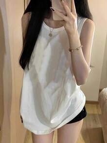 Women's Casual Loose Fit Cotton Sleeveless Tank Top, Korean Style Minimalist White Vest For Summer, Breathable Slim Fit Undershirt - White - View 1