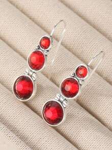 Boucles d'oreilles pendantes rondes géométriques rétro minimalistes, incrusté de zirconium synthétique rouge. Bijoux exquis et charmants pour femmes, convenant pour un port quotidien et en cadeau - Rouge - Voir 8