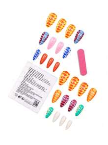 按压式方形假指甲，彩色方方形，龟蛇纹印花设计，法式尖头亚克力美甲，夏季款，24片装，亮面 - 彩色 - 查看 4