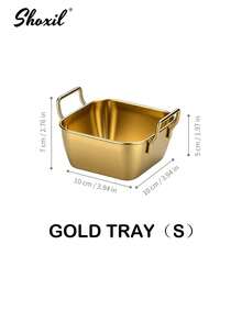 shoxil 1pc Stainless Steel Rectangular Snack Plate With Handle, Suitable For Dining Room, Living Room, Kitchen, Party, Eid Al-Fitr - Tray (Gold) - View 12