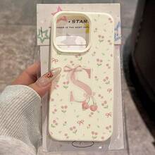 1pc TPU Material Elegant Sweet Cherry Bow Letter Pattern Phone Case Suitable Compatible With Apple 17 Pro Max/17/16 Pro Max/15/13/12/11, S20 FE/A15/S24/A55, Note 11/Note 12/Note 13 Pro, Full Coverage Anti-Drop Soft Protective Phone Cover - White - View 1