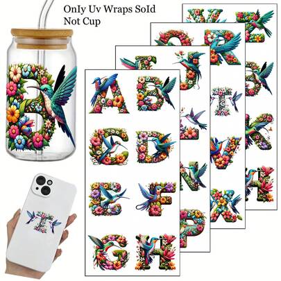 4pcs Hummingbird Forest Bird And Floral Alphabet A-Z UV DTF Transfer Paper, Bird Letter Glass Cups Wraps, Self-Adhesive Decals For Bottle, Wood, Plastic, Glass, Metal, Ceramic Surfaces, Glass Cup Transfer Paper Pack - Suitable For Glass Cups - Decorative Cups Perfect Gift For Women, Best Friends