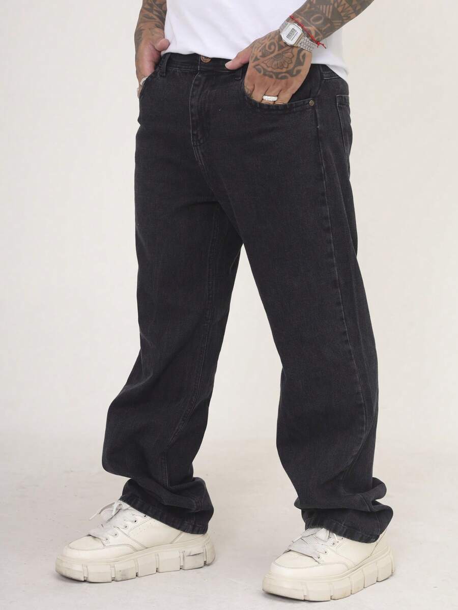 Men's Oversized Wide Leg Balloon Jeans Without Elastane - 黑色大理石紋 - 查看 1