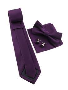 ZONFAZ 4pcs Men's Business Minimalist Solid Ribbed 8cm Necktie, Bow Tie, Pocket Square & Cufflinks Combo Set, Suitable For Weddings, Parties And Daily Commute - Purple - View 4