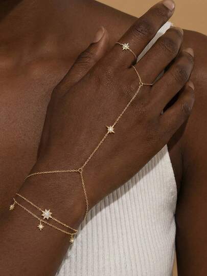 1Pc 925 Sterling Silver Bohemia Eight-Pointed Star Cubic Zirconia Connect Finger Bracelet Hypoallergenic Pure Silver Suitable For Women For Daily, Dates, Vacation, Wedding, Party, Holiday Gift