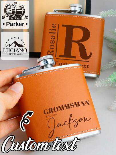 Custom Pu Leather Hip Flask With Name And Initial, Personalized Whiskey Flask Gift For Groomsman Or Best Man, Customized Text Pocket Alcohol Flask For Wedding Party, Customizable Birthday Or Anniversary Gift For Him, Kitchen, Living Room, Father