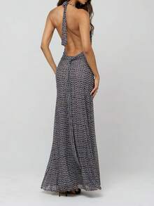Women's Polka Dot Halter Maxi Dress - Plunge V Neck Backless Tie Back Ruched Evening Party Dress For Summer  Vacation - 深灰色 - 查看 3